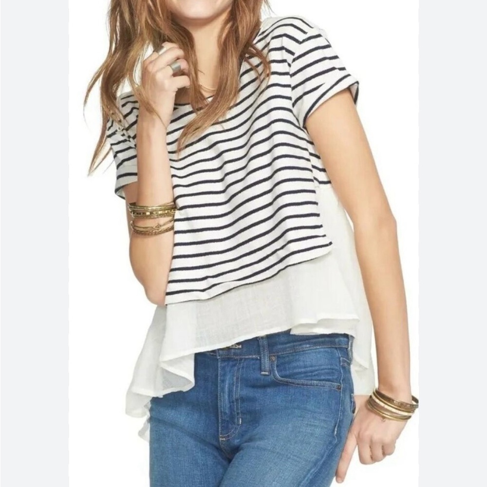 FREE PEOPLE French Kiss Striped Mixed Media Blouse -
